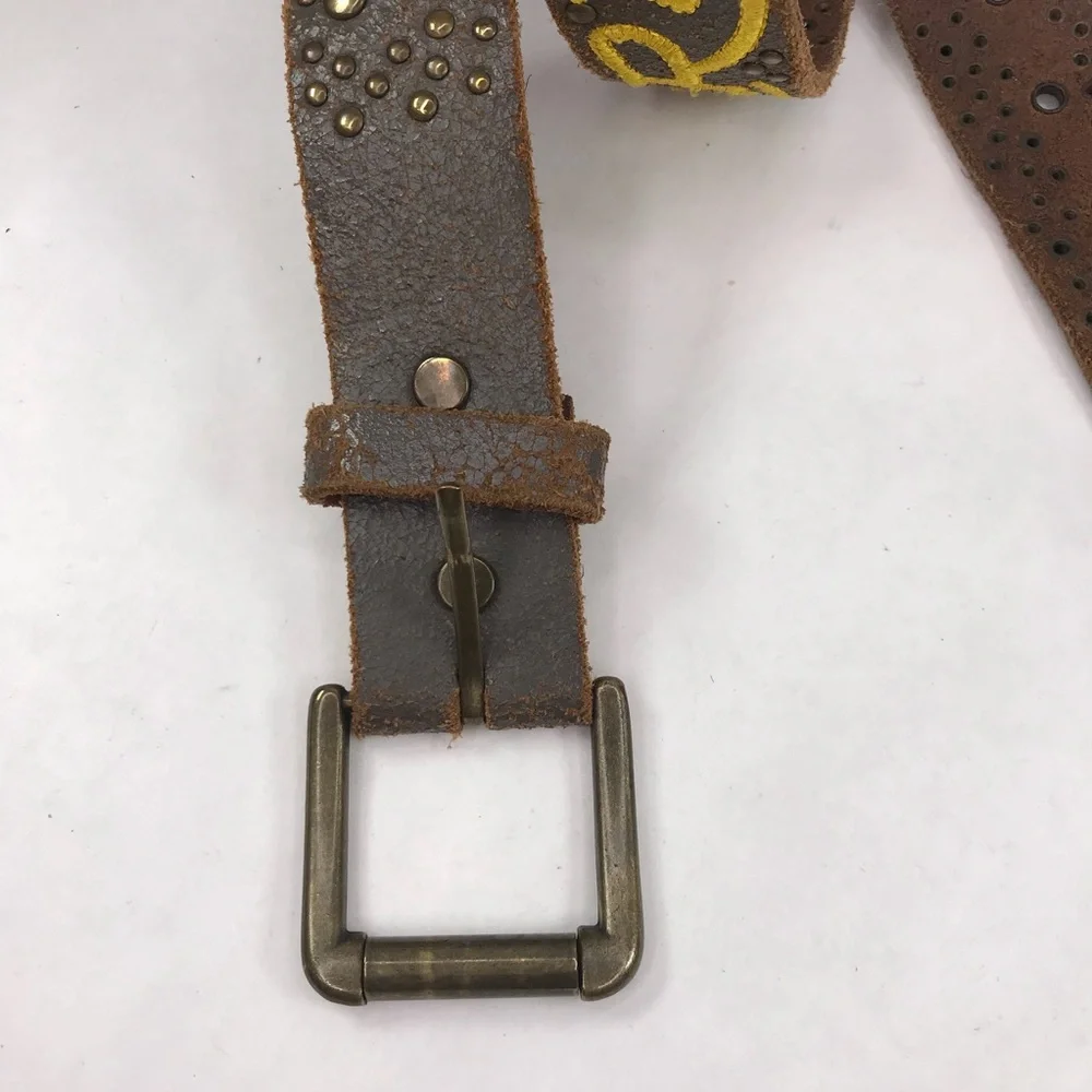Ed Hardy Distressed Brown Leather Tiger Studded Belt 41
